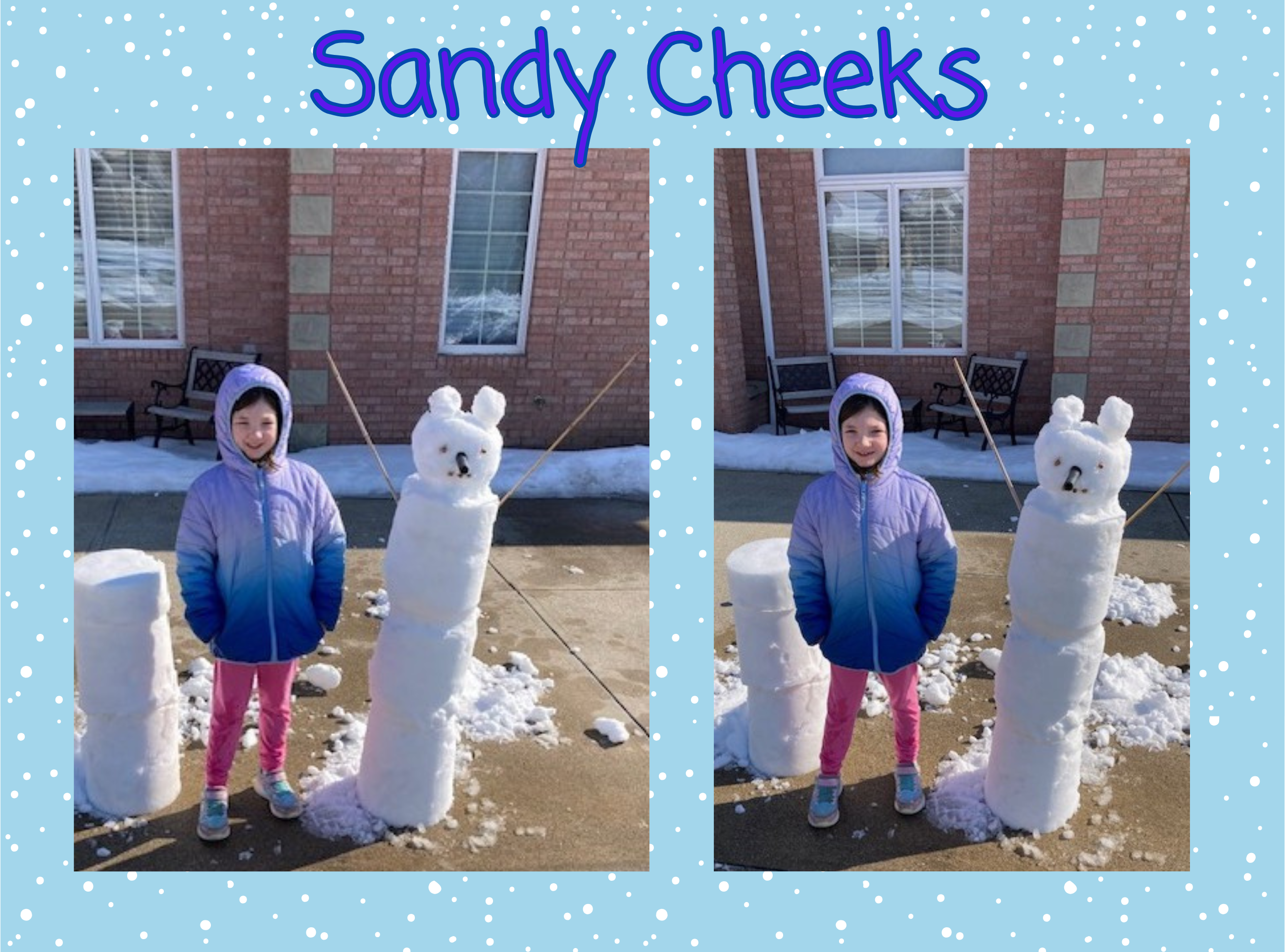 two images  little girl with a block snowman