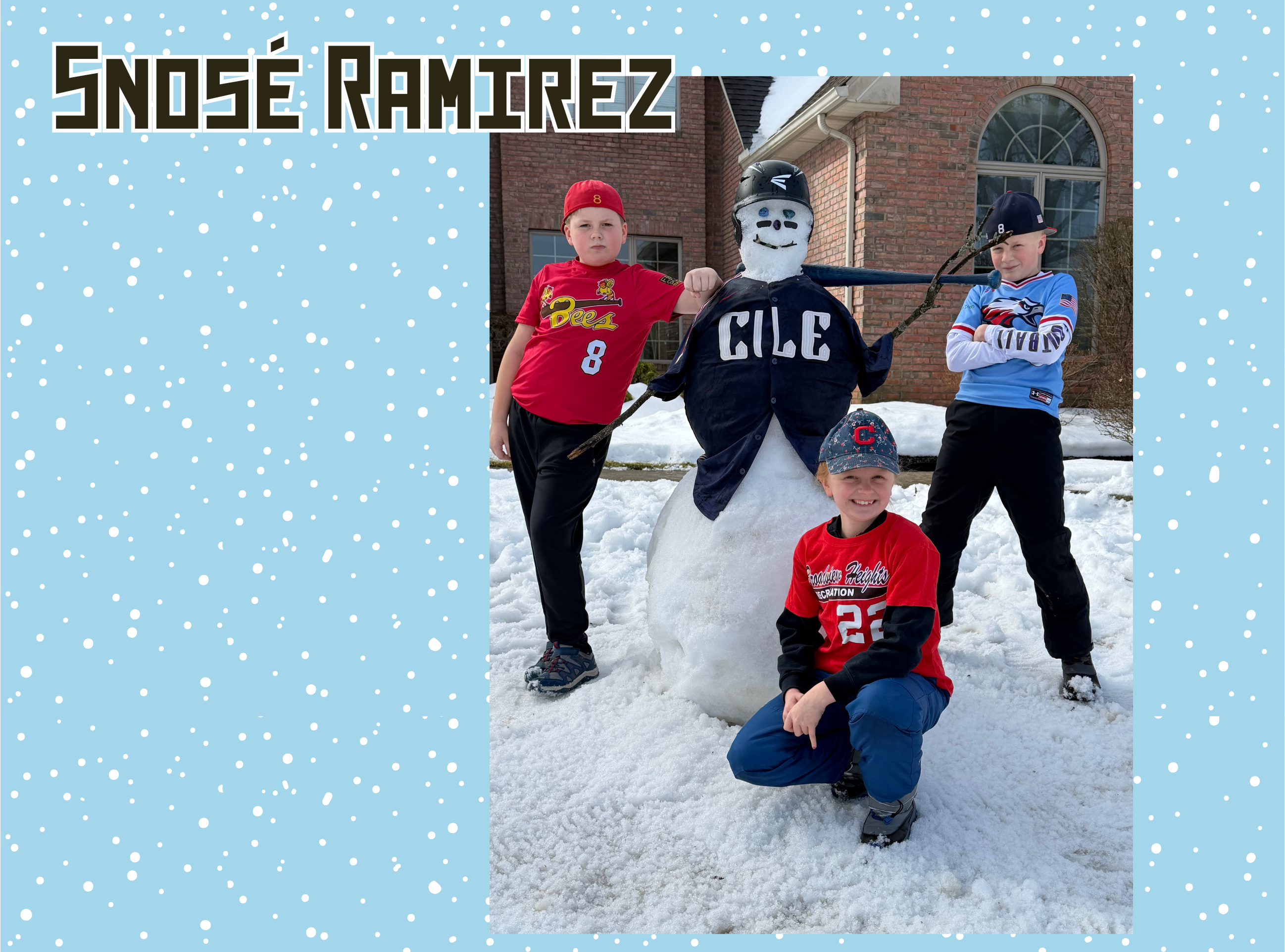 Four boys with a snowman baseball player