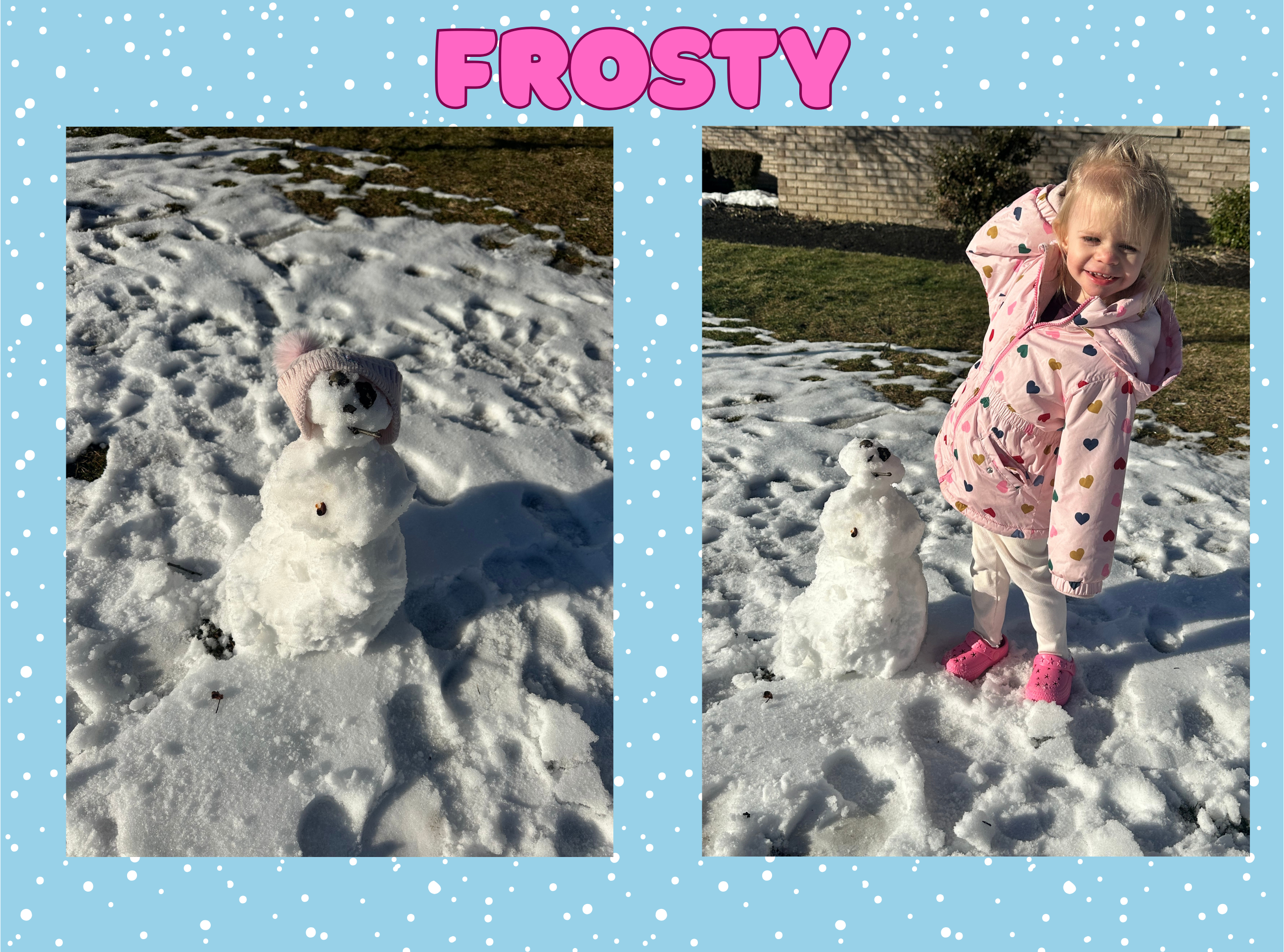 Little girl with mini snowman with a pink hat