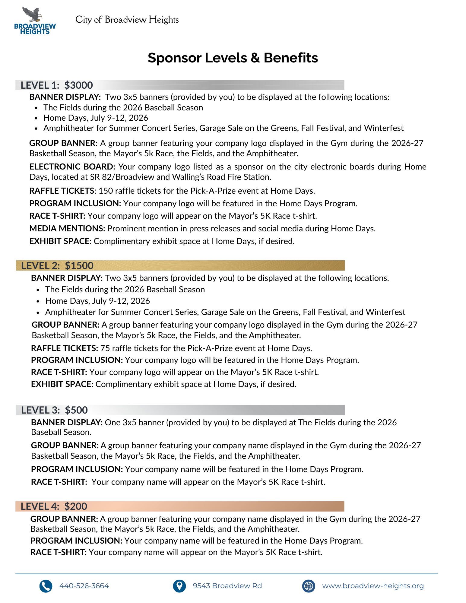 Sponsor Benefit Levels for 2026